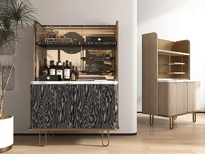Modern Wine Cabinet Design With Glass Door Marble Countertop And Wooden Frame 3d model