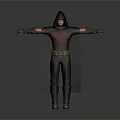 Hooded Character in Red Top Black Cape with Golden Belt and Boots Standing Arms Outstretched