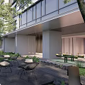 Modern Residential Landscape With Lush Greenery Pathway Trees Patio And Building Exterior