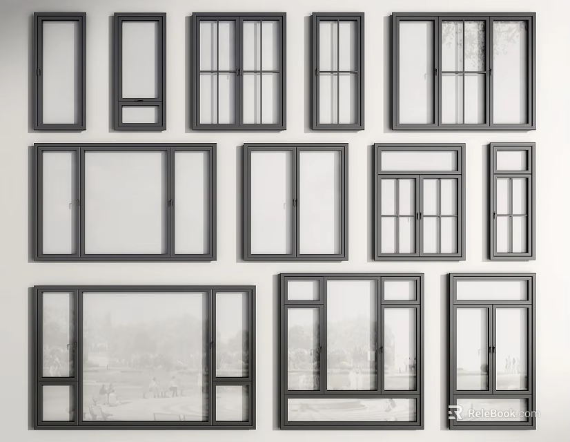Various Modern Casement Windows with Different Design Styles and Frame Options 3d model