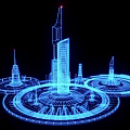 Futuristic Commercial Equipment 3D Model With Blue Line Tower Structures And Circular Bases