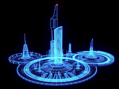 Futuristic Commercial Equipment 3D Model With Blue Line Tower Structures And Circular Bases 3d model