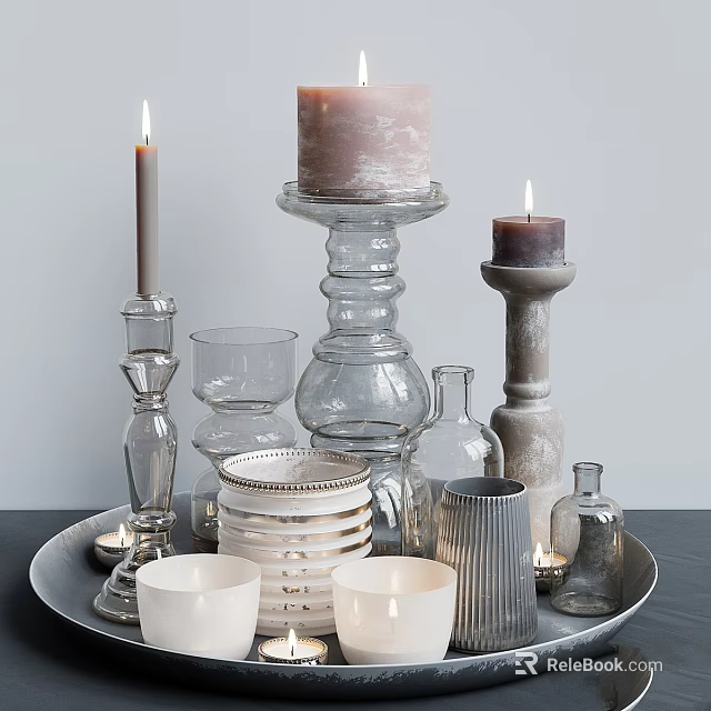 Decorative Tabletop Ornament Set with Candle Holders Glass Vases and Stacked Plates 3d model 