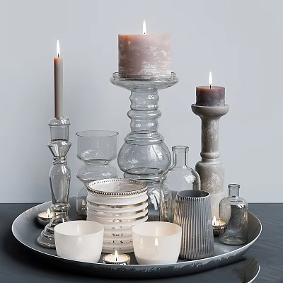 Decorative Tabletop Ornament Set with Candle Holders Glass Vases and Stacked Plates 3d model