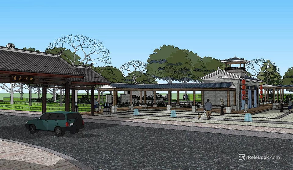 Traditional Square Landscape with Pavilion Covered Walkway Stone Pavement Trees and People Walking 3d model 
