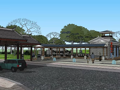 Traditional Square Landscape with Pavilion Covered Walkway Stone Pavement Trees and People Walking 3d model