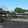 Traditional Square Landscape with Pavilion Covered Walkway Stone Pavement Trees and People Walking