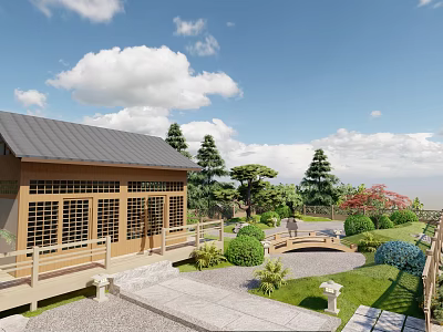 Japanese Courtyard Garden With Traditional Wooden Building Gray Roof Pine Trees And Gravel Pathway 3d model