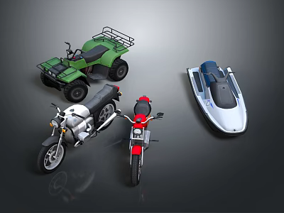 Two Stylish Black and Red Motorcycles with Green ATV and White Jet Ski Displayed Together 3d model