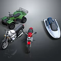 Two Stylish Black and Red Motorcycles with Green ATV and White Jet Ski Displayed Together