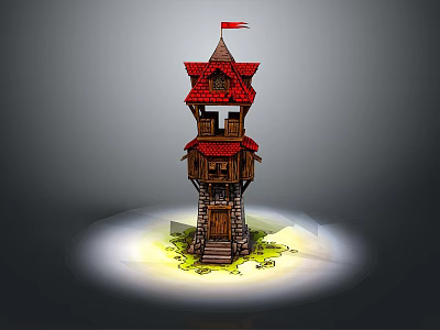 Cartoon Scene of Multi Level Tower with Red Roof Wooden Structure Steps and Green Grass 3d model