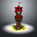Cartoon Scene of Multi Level Tower with Red Roof Wooden Structure Steps and Green Grass