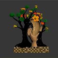Tree Sculpture With Green Leaves Red Yellow Flowers Trunk Face Hand Holding Cheek Checkerboard Base