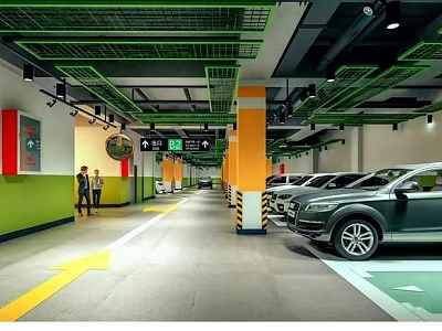 Indoor Parking Garage With Green And Yellow Pillars Ceiling Grid Floor Arrows And Parked Cars 3d model