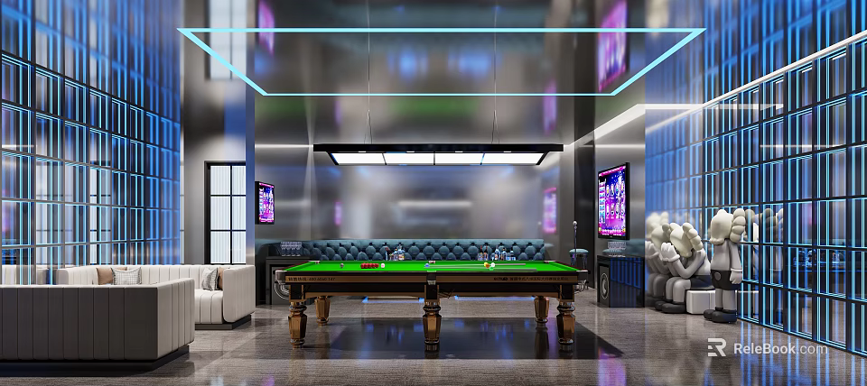 Modern Billiard Room Design With Pool Table And Luxury Sofas 3d model