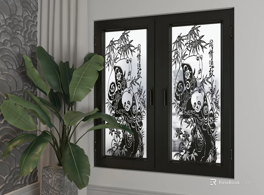 Decorative Casement Windows With Panda And Bamboo Designs In Indoor Setting With Green Plant 3d model 