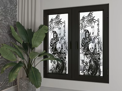 Decorative Casement Windows With Panda And Bamboo Designs In Indoor Setting With Green Plant 3d model
