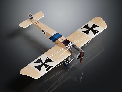 Vintage Biplane Model with Beige Wings Black Cross Symbols and Blue Stripe Design 3d model