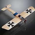 Vintage Biplane Model with Beige Wings Black Cross Symbols and Blue Stripe Design