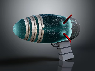 Green Striped Bomb Weapon Featuring Red Fins And Gray Stand 3d model