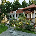 Traditional Garden Landscape Design With Pavilion Lush Green Plants Lawn And Stone Pathway
