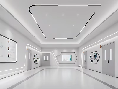 Hi tech Modern Corridor Space With White Walls Display Screens And Geometric Ceiling Lights 3d model
