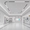 Hi tech Modern Corridor Space With White Walls Display Screens And Geometric Ceiling Lights