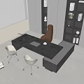 Modern Office Desk Interior With Laptop Desk Lamp White Chairs And Decorative Bookshelves