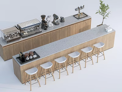 Stylish Bar Counter With Gray Countertop Wooden Cabinets White Bar Stools Coffee Machine And Plant 3d model