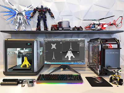 Modern Computer Workstation With 3D Printer Monitor RGB Keyboard PC Case And Mouse 3d model