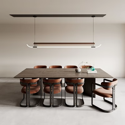 Minimalist Modern Dining Table And Chairs With Brown Leather Seats Metal Frames Long Pendant Light 3d model