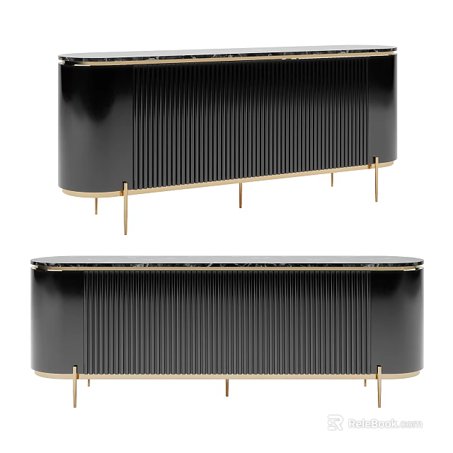 Modern Black TV Stand With Gold Legs And Vertical Slat Design 3d model 