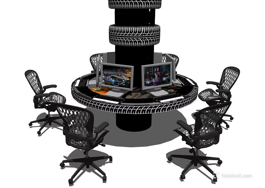 Circular Office Desk With Tire Stack Surrounded By Four Chairs And Computers On Top 3d model