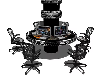 Circular Office Desk With Tire Stack Surrounded By Four Chairs And Computers On Top 3d model