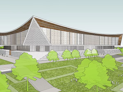 Modern Museum Building With Unique Roof Design Glass Facade And Green Landscape 3d model