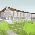 Modern Museum Building With Unique Roof Design Glass Facade And Green Landscape