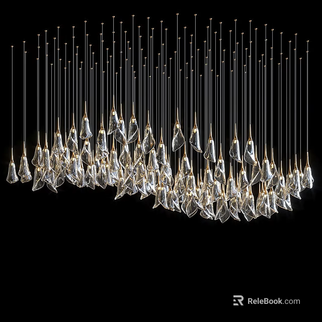 Elegant Modern Crystal Chandelier Featuring Hanging Diamond Pendants And Gold Metal Wires 3d model 
