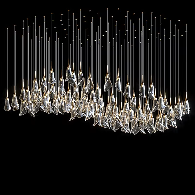Elegant Modern Crystal Chandelier Featuring Hanging Diamond Pendants And Gold Metal Wires 3d model