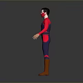 Man In Red And Blue Superhero Costume With Mask Brown Boots And Chest Logo