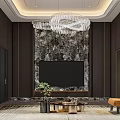 Modern Luxury Living Room With Beige Sofa Chandelier And Marble Accent Wall