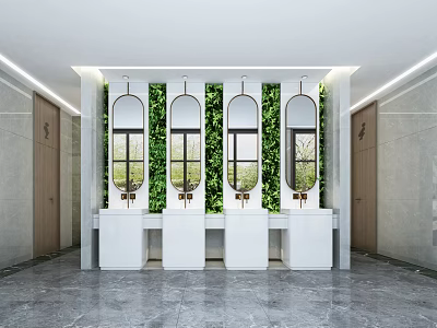 Modern Public Restroom Design With Clean Sinks Mirrors And Green Plant Wall 3d model