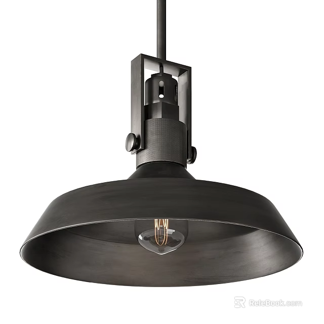 Industrial Style Black Metal Pendant Light with Dome Shade and Exposed Filament Bulb 3d model 