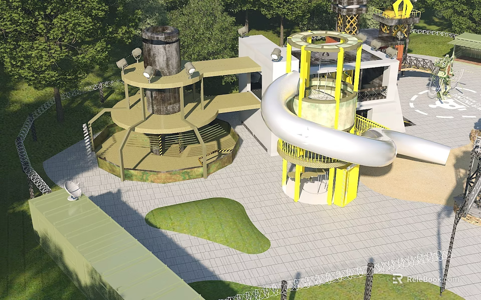 Natural Themed Outdoor Children Playground With Large Spiral Slide Surrounded By Lush Green Trees 3d model 