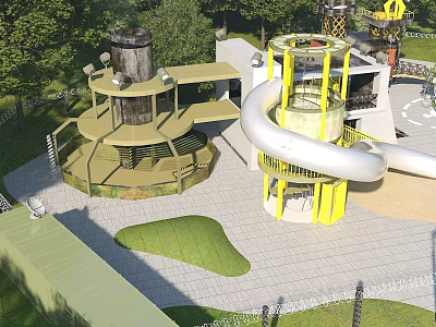Natural Themed Outdoor Children Playground With Large Spiral Slide Surrounded By Lush Green Trees 3d model