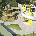 Natural Themed Outdoor Children Playground With Large Spiral Slide Surrounded By Lush Green Trees