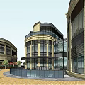 Modern Commercial Complex With Circular Architecture Glass Curtain Walls And Stone Exterior