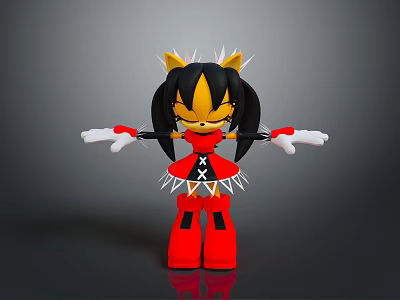 Stylish Game And Movie Character With Black Hair Yellow Ears Red Outfit White Spiked Decorations 3d model