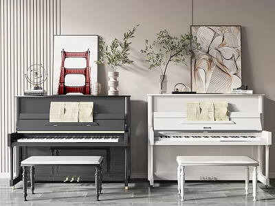Black and White Pianos with Piano Benches Music Sheets and Decorative Paintings in Interior 3d model