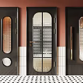 Modern Black Doors With Patterned Glass Gold Handles Pink White Tiles And Checkered Floor