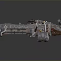 Futuristic Heavy Weapon Featuring Metallic Body Mechanical Parts And Golden Emblem